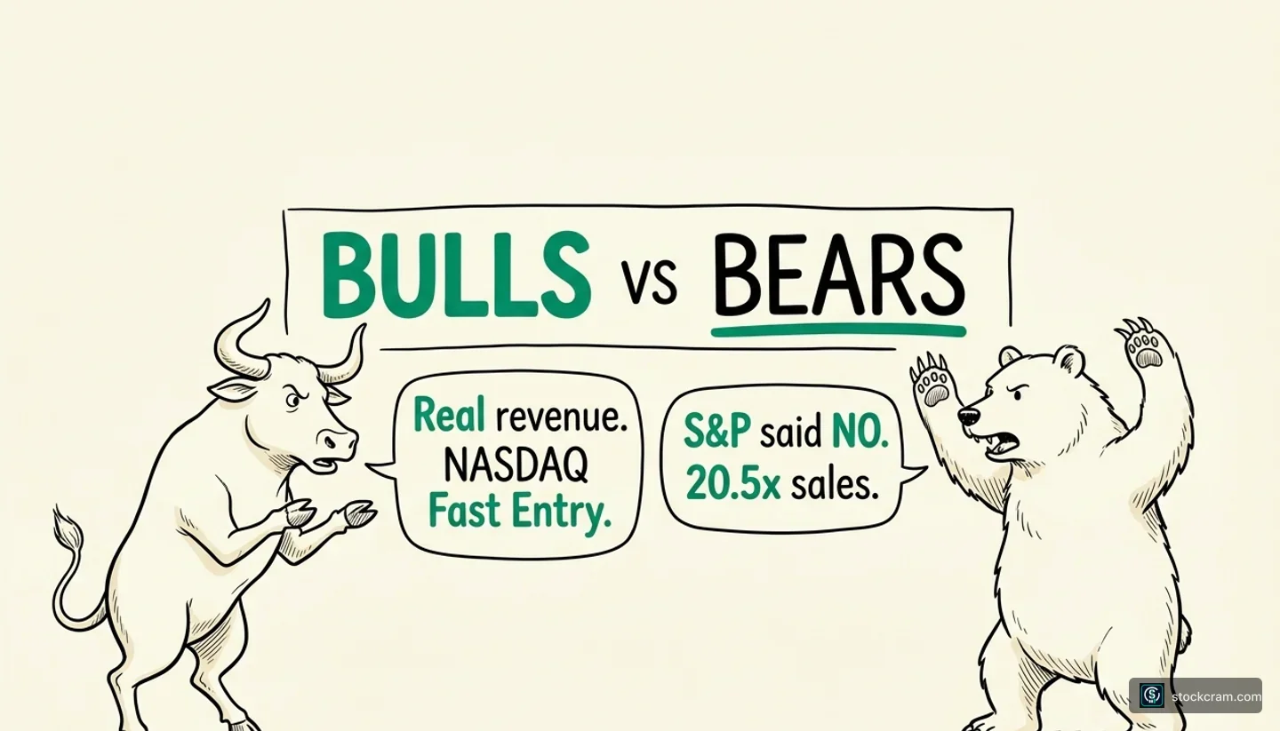 Cartoon bull (left) and bear (right) locked in animated debate — the bull's speech bubble reads "Real revenue. NASDAQ Fast Entry." and the bear's reads "S&amp;P said NO. 20.5x sales." under a hand-lettered BULLS vs BEARS headline.