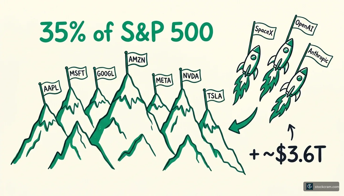 Mountains representing the Magnificent 7's 35% share of the S&amp;P 500 — AAPL, MSFT, GOOGL, AMZN, META, NVDA, TSLA — with three rockets labeled SpaceX, OpenAI, and Anthropic adding roughly $3.6T more to the concentration.