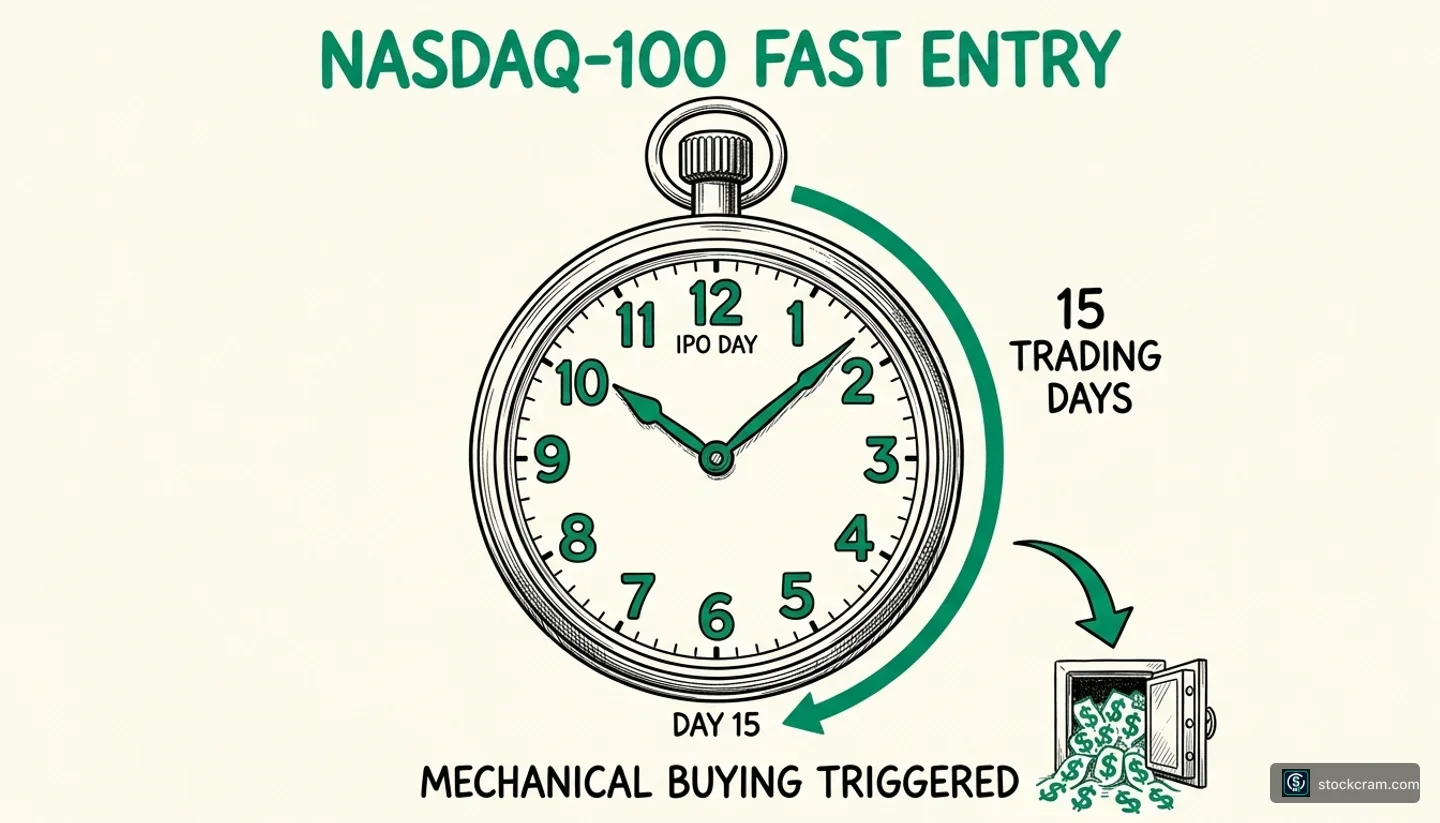 NASDAQ-100 Fast Entry mechanic illustrated as a vintage stopwatch — IPO Day at the 12 oclock position, Day 15 at 6 oclock, an emerald arc tracing the countdown, and an arrow pointing to a bank vault overflowing with dollar signs labeled "Mechanical Buying Triggered".