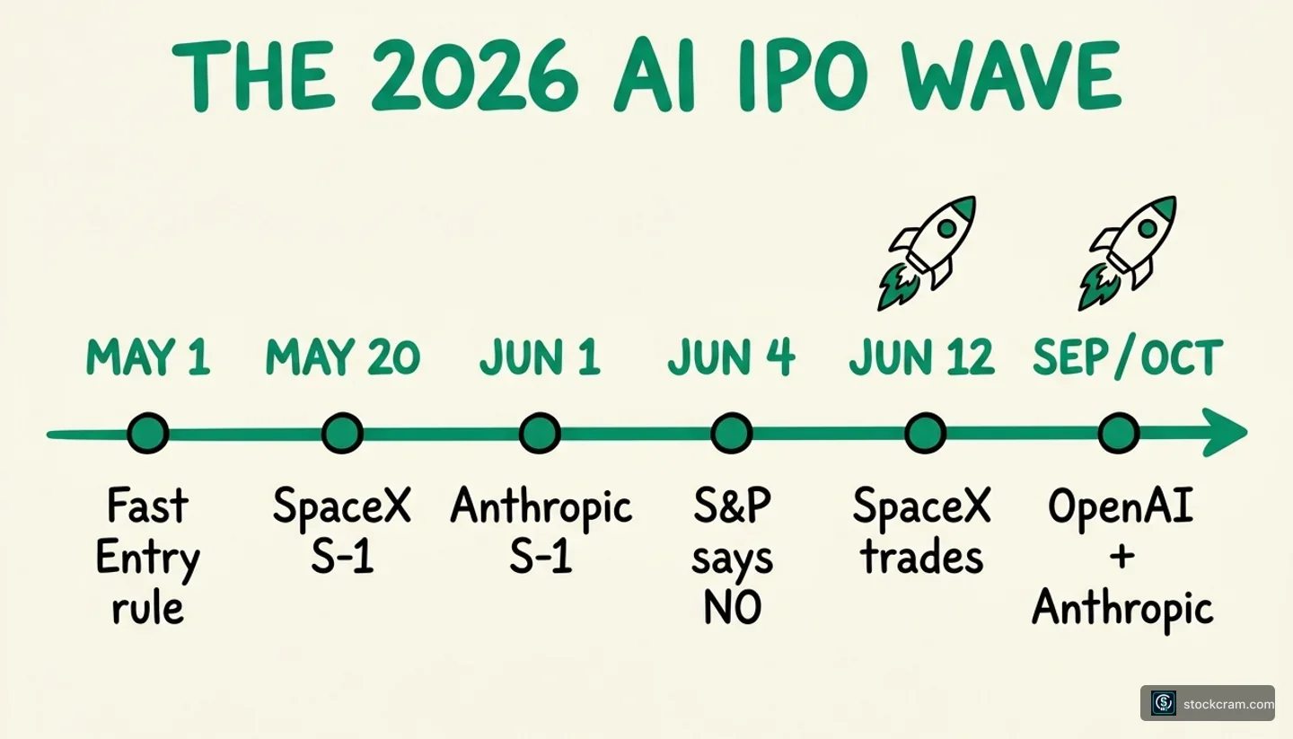 Timeline of the 2026 AI IPO wave from May 1 to October — NASDAQ Fast Entry rule, three S-1 filings, S&amp;P denial on June 4, and SpaceX's June 12 NASDAQ listing.