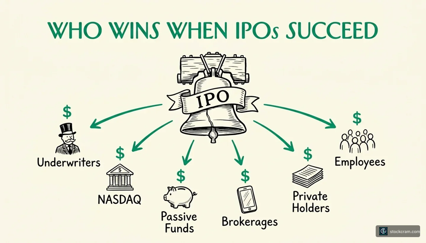 IPO bell at the center fanning emerald arrows out to six beneficiary categories — Underwriters, NASDAQ, Passive Funds, Brokerages, Private Holders, and Employees — each with an emerald dollar sign above it.