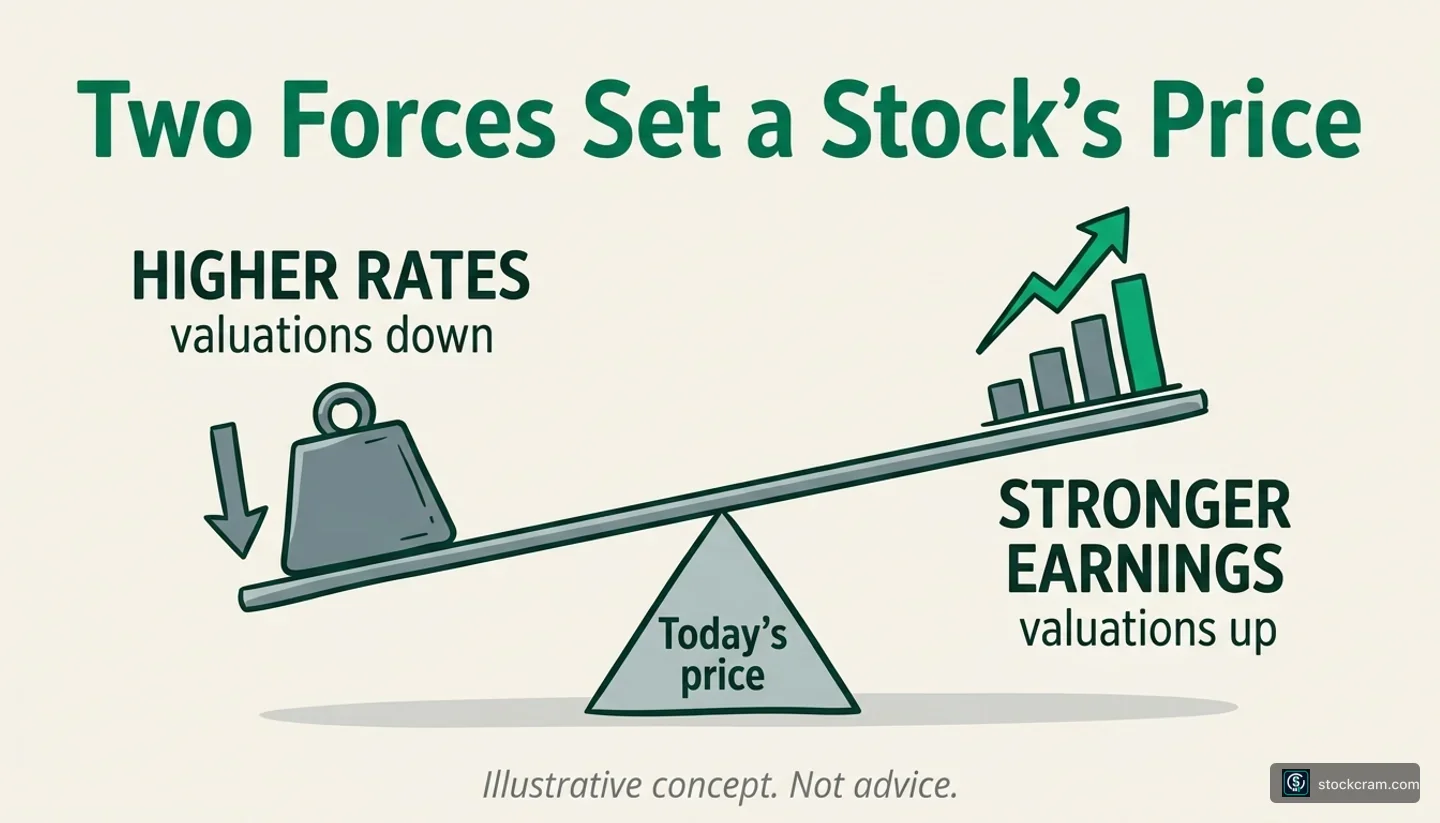 Infographic titled "Two Forces Set a Stock's Price": a seesaw with "Higher rates - valuations down" (a heavy weight pressing down) on the left and "Stronger earnings - valuations up" (a rising bar chart) on the right, balanced on a "today's price" fulcrum.
