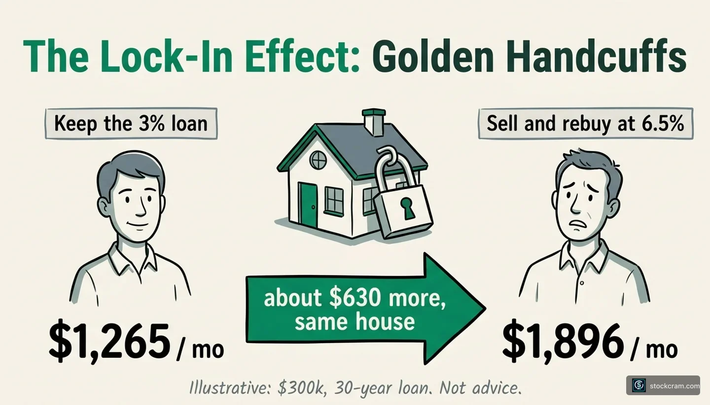 Infographic titled "The Lock-In Effect: Golden Handcuffs": a house with a 3% mortgage padlocked to a low ~$1,265 monthly payment on one side, versus selling and rebuying at a 6.5% rate with a higher ~$1,896 payment on the other, illustrating why owners won't sell.