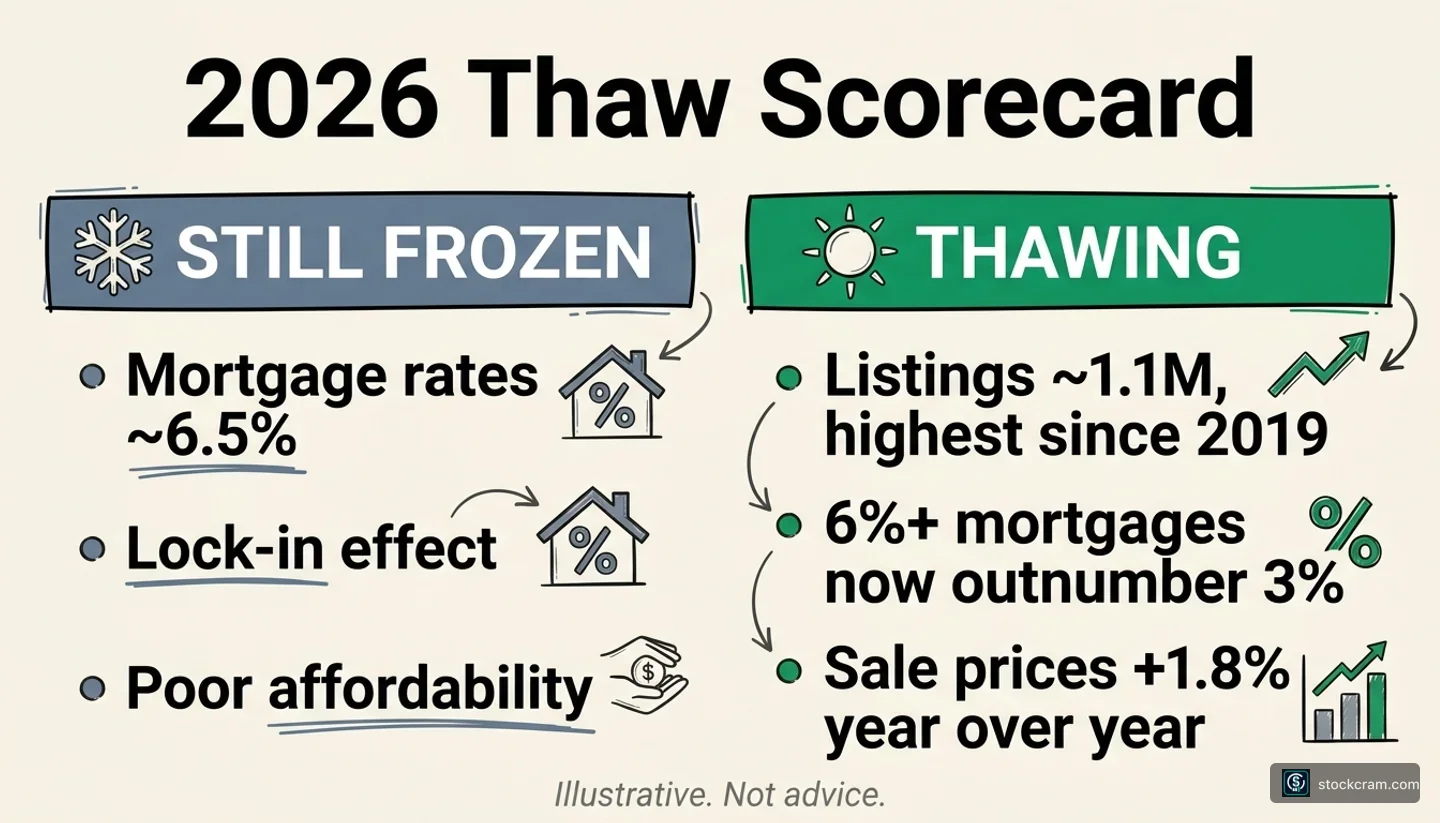 Infographic titled "2026 Thaw Scorecard": a two-column panel weighing what's still freezing housing (high ~6.5% mortgage rates, lock-in effect, poor affordability) against what's thawing it (active listings ~1.1M near pre-pandemic levels, 6%+ mortgages now outnumber sub-3%, price growth cooled to low single digits).