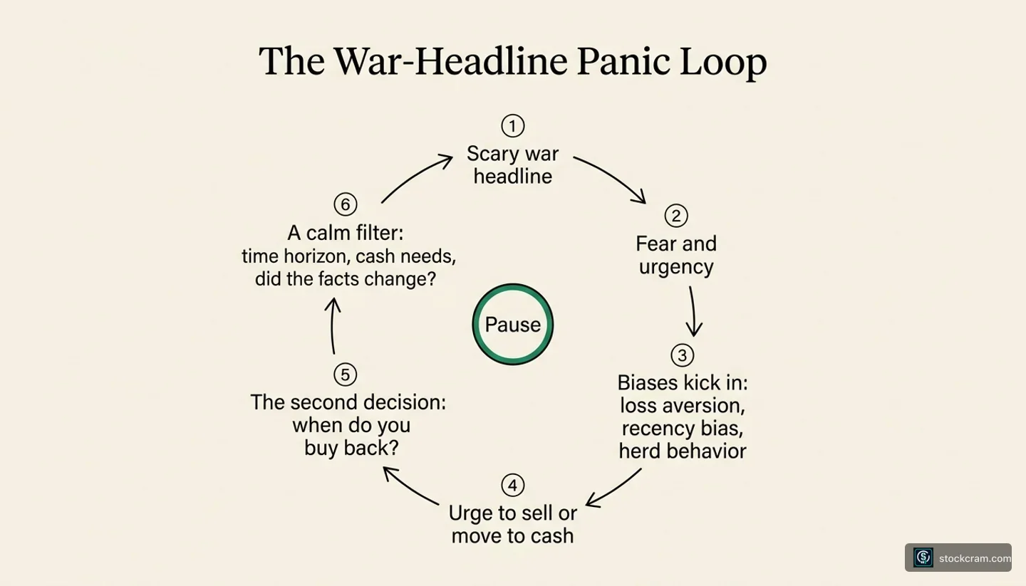 Infographic titled The War-Headline Panic Loop showing a six-step cycle: a scary war headline, fear and urgency, biases (loss aversion, recency bias, herd behavior), the urge to move to cash, the second decision of when to buy back, and a calm filter of time horizon, cash needs, and whether the facts changed, with Pause at the center