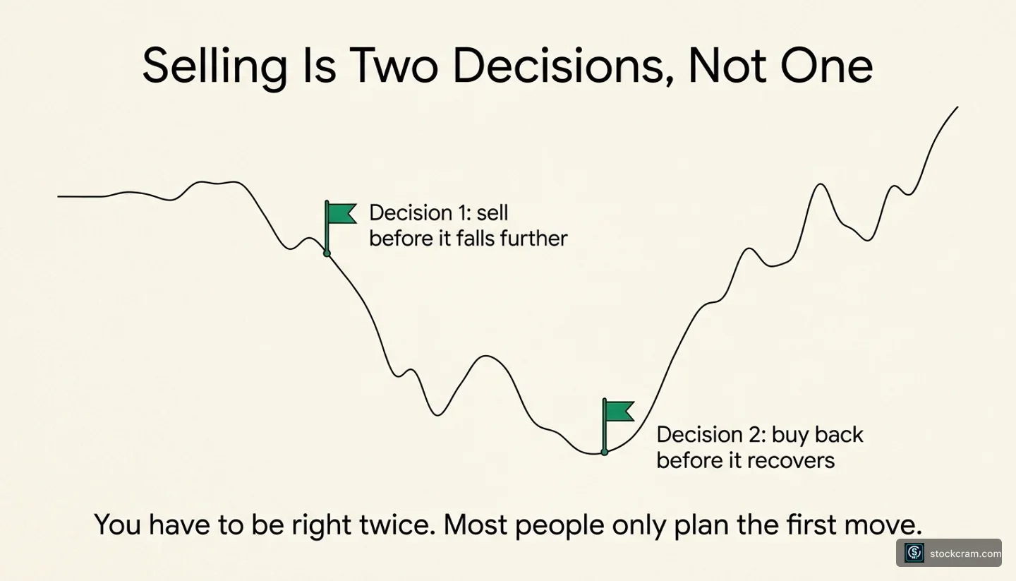 Infographic titled Selling Is Two Decisions, Not One showing a market price line that dips into a valley and recovers, with two flags marking Decision 1 on the way down and Decision 2 near the bottom, and the caption You have to be right twice