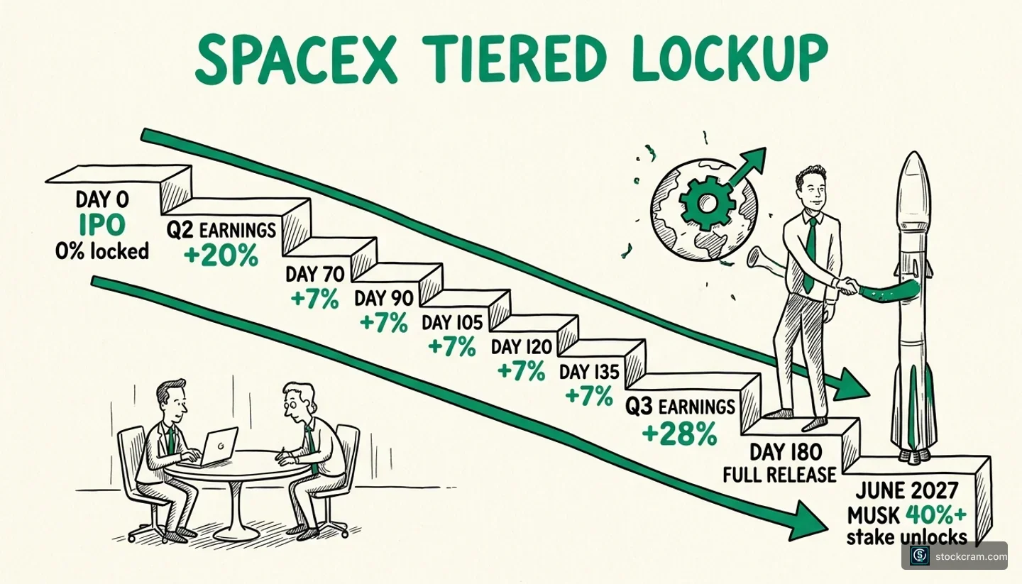 SpaceX tiered lockup schedule shown as a staircase — Day 0 IPO with 0% locked, Q2 earnings releasing 20%, then 7% increments at days 70/90/105/120/135, Q3 earnings releasing 28%, Day 180 full release, and June 2027 Musk's 40%+ stake unlocking.