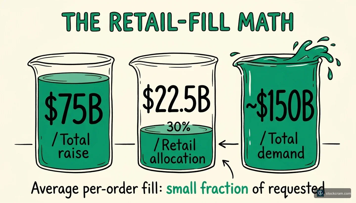 Three beakers comparing the SpaceX IPO's total $75B raise, the $22.5B (30%) retail allocation tranche within it, and the roughly $150B of total demand including institutional and retail — with a caption noting that average per-order fill will be a small fraction of requested.