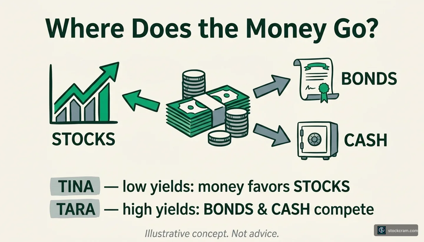 Infographic titled "Where Does the Money Go?": money flowing from a central pile to stocks, bonds, and cash, with two rows explaining TINA (low yields favor stocks) versus TARA (high yields make bonds and cash compete).